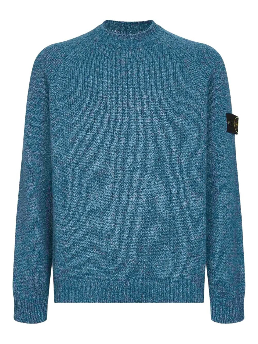 Stone Island Textured Knit Sweater With Distinctive Sleeve Patch In Blue