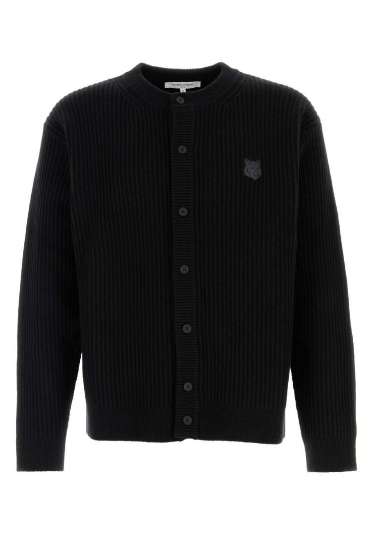 Maison Kitsuné Fox Head Wool Ribbed Cardigan Clothing In Black