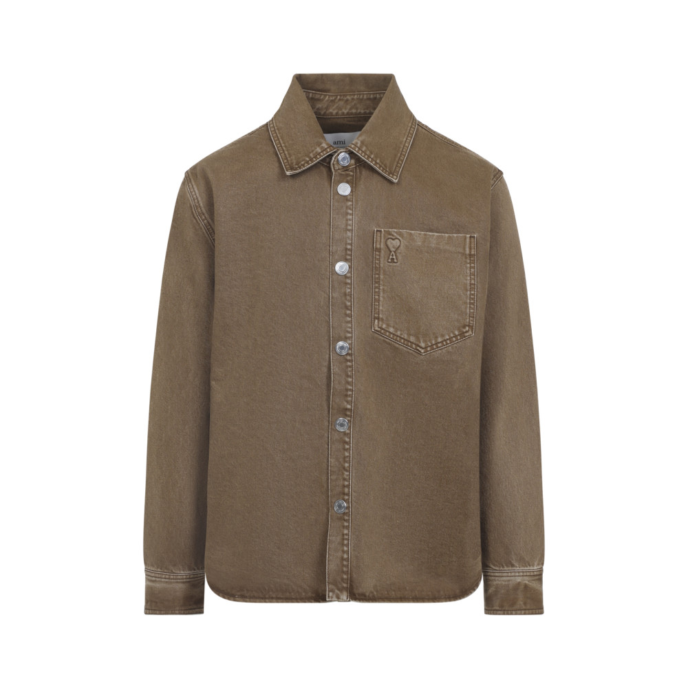 Ami Alexandre Mattiussi Brown Cotton Shirt With Classic Collar And Embroidered Pocket In Brown