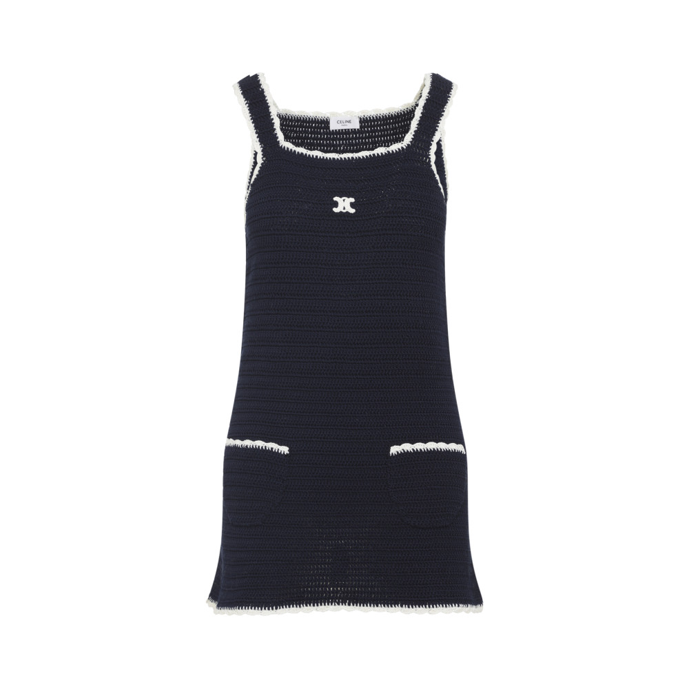 Celine Navy Blue Triomphe Cotton Mini Dress In Black