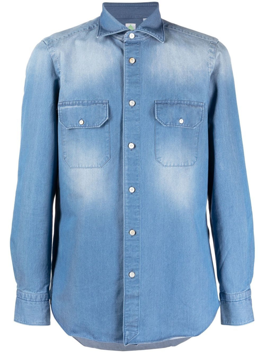 Shop Finamore 1925 Sky Blue Denim Shirt