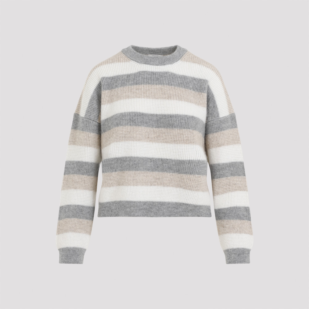 Peserico Striped Wool Silk Cashmere Blend Sweater In Grey