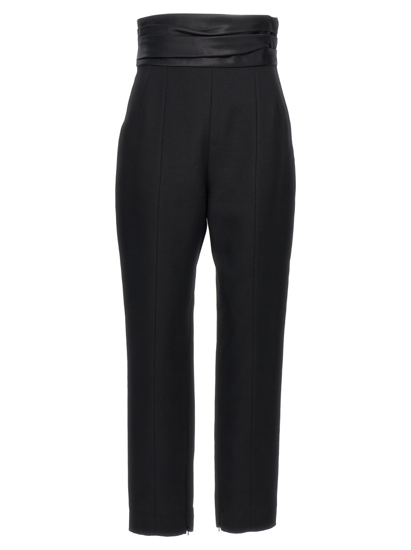 Khaite Lenro Pleated Satin-trimmed Grain De Poudre Straight-leg Pants In Black