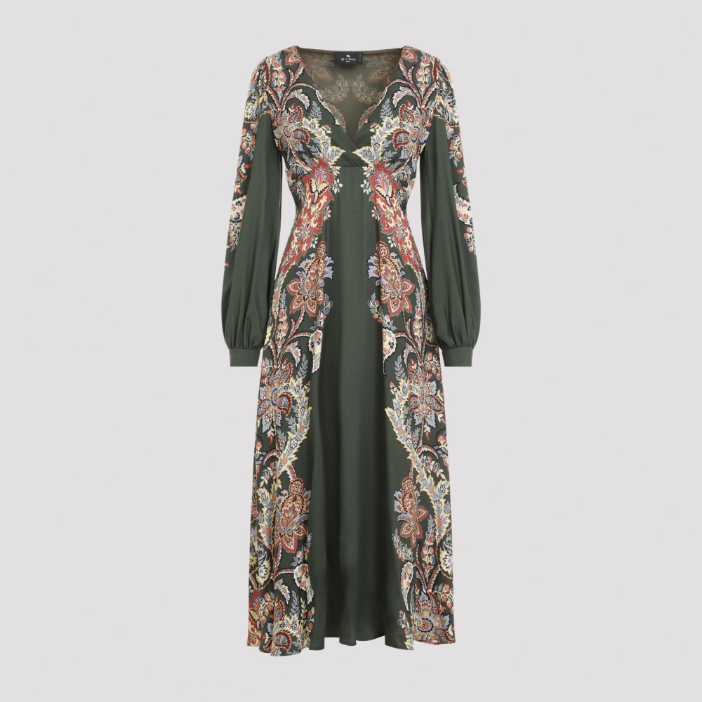Etro Floral Print Twill Dress In Green