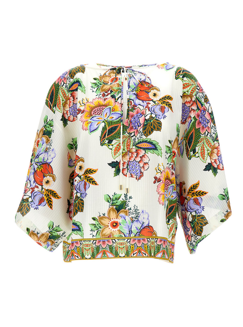 Etro Tie-detailed Floral-print Cotton And Silk-blend Voile Blouse In White