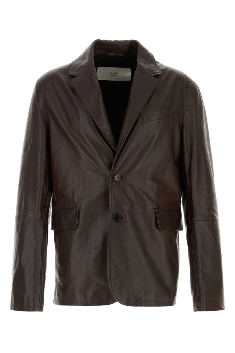 Ami Alexandre Mattiussi Brown Two Buttons Leather Jacket In Brown