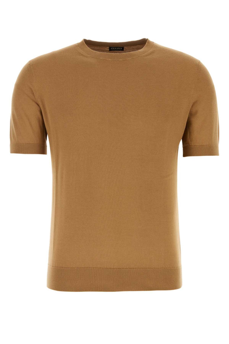Zegna Cotton Sweatshirt With Ribbed Hem And Neckline In Brown