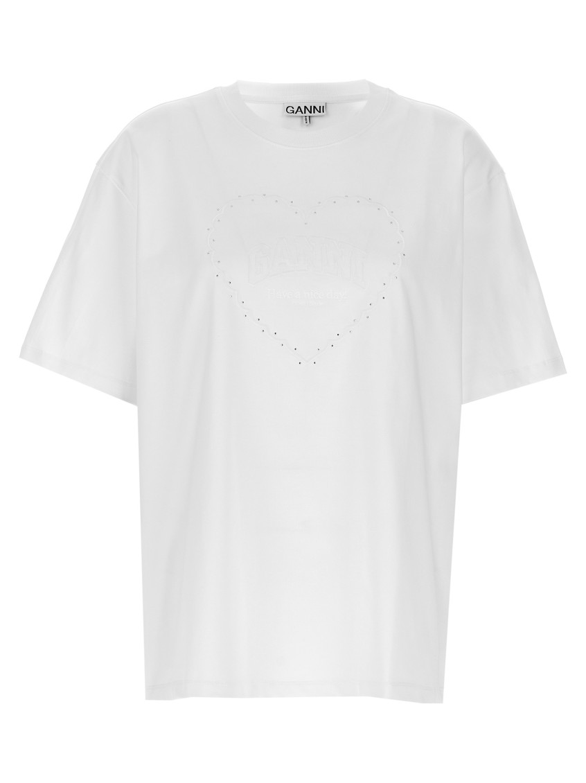 Ganni Rhinestone Logo Embroidery T-shirt In White