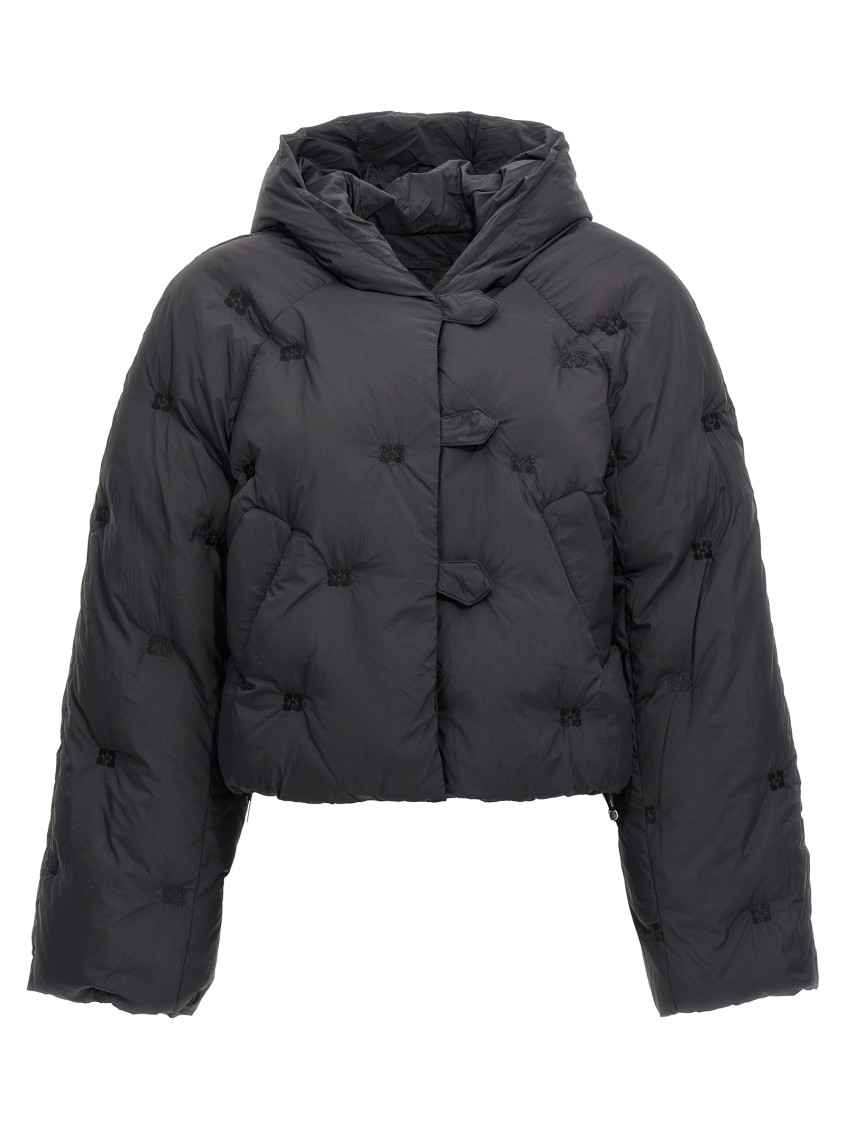 Ganni Down Jacket With Embroidered Monogram In Black