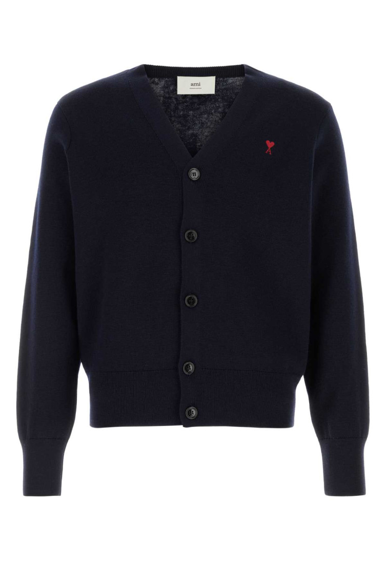 Ami Alexandre Mattiussi Ami Paris Men Blue Cardigan With V Neck And Adc Embroidery On The Front In Wool Blend Man