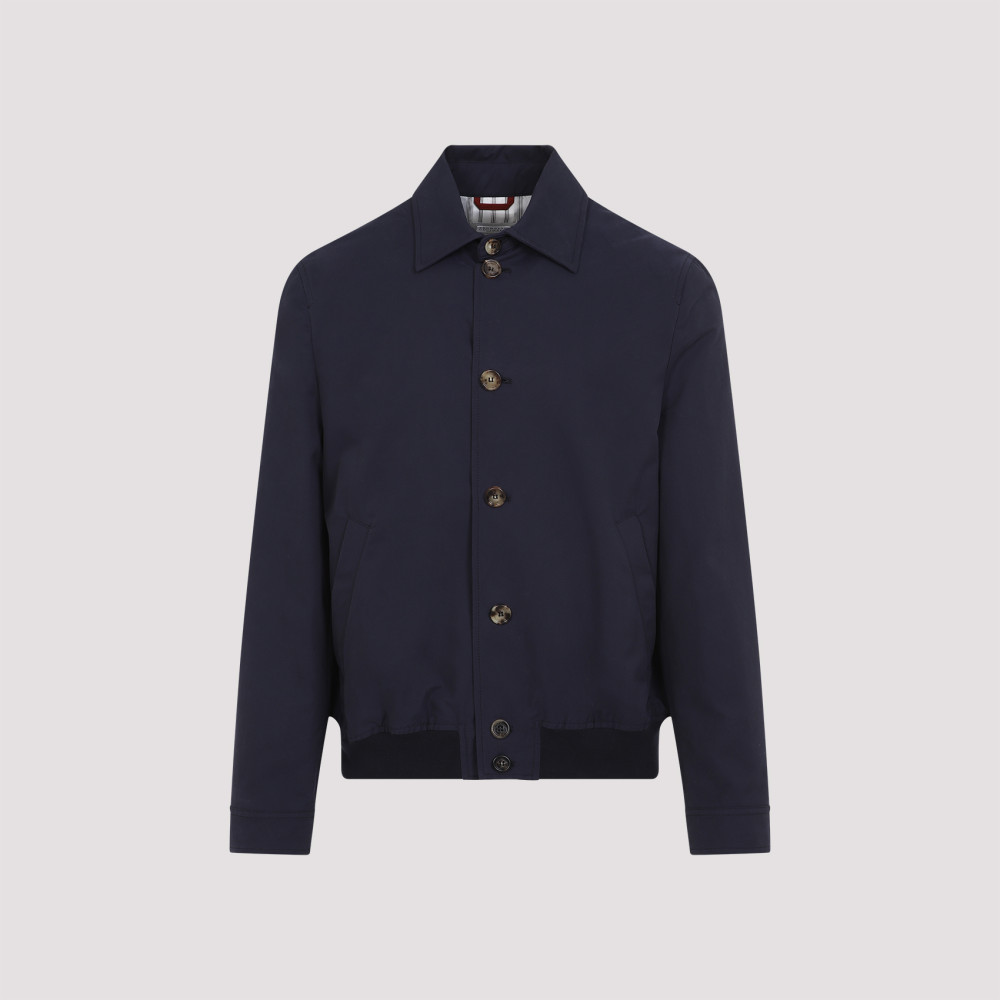 Shop Brunello Cucinelli Navy Blue Cotton Shirt Jacket