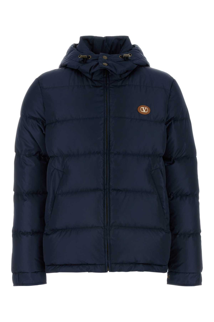Valentino Nylon Hooded Down Jacket With Vlogo Patch In Blue