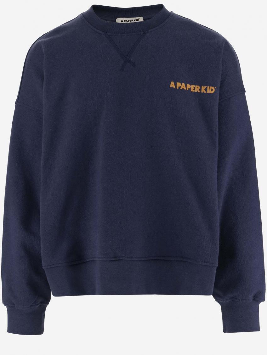 A Paper Kid Brushed Cotton Crew-neck Sweatshirt With Maxi Back Print In Blue