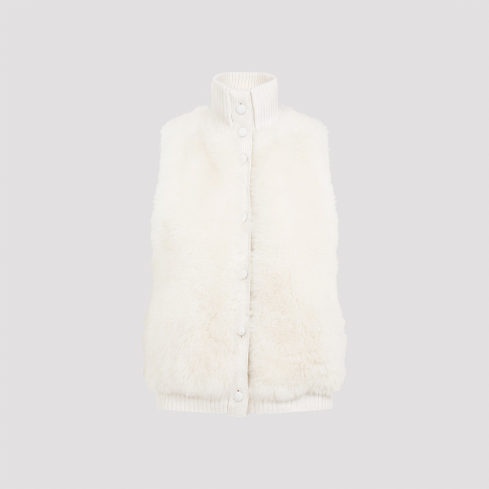 Yves Salomon Lambskin And Fur Vest With Ribbed Collar And Button Closure In White