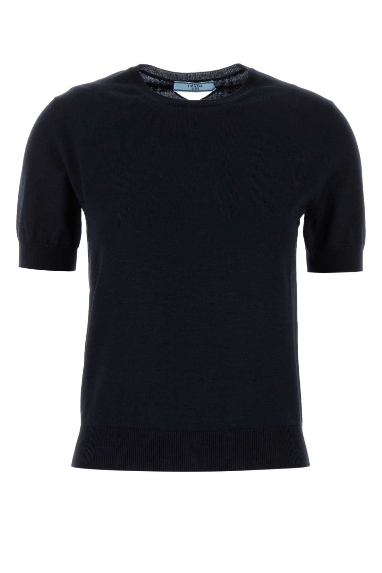 Prada Midnight Wool Short Sleeve Sweater In Blue