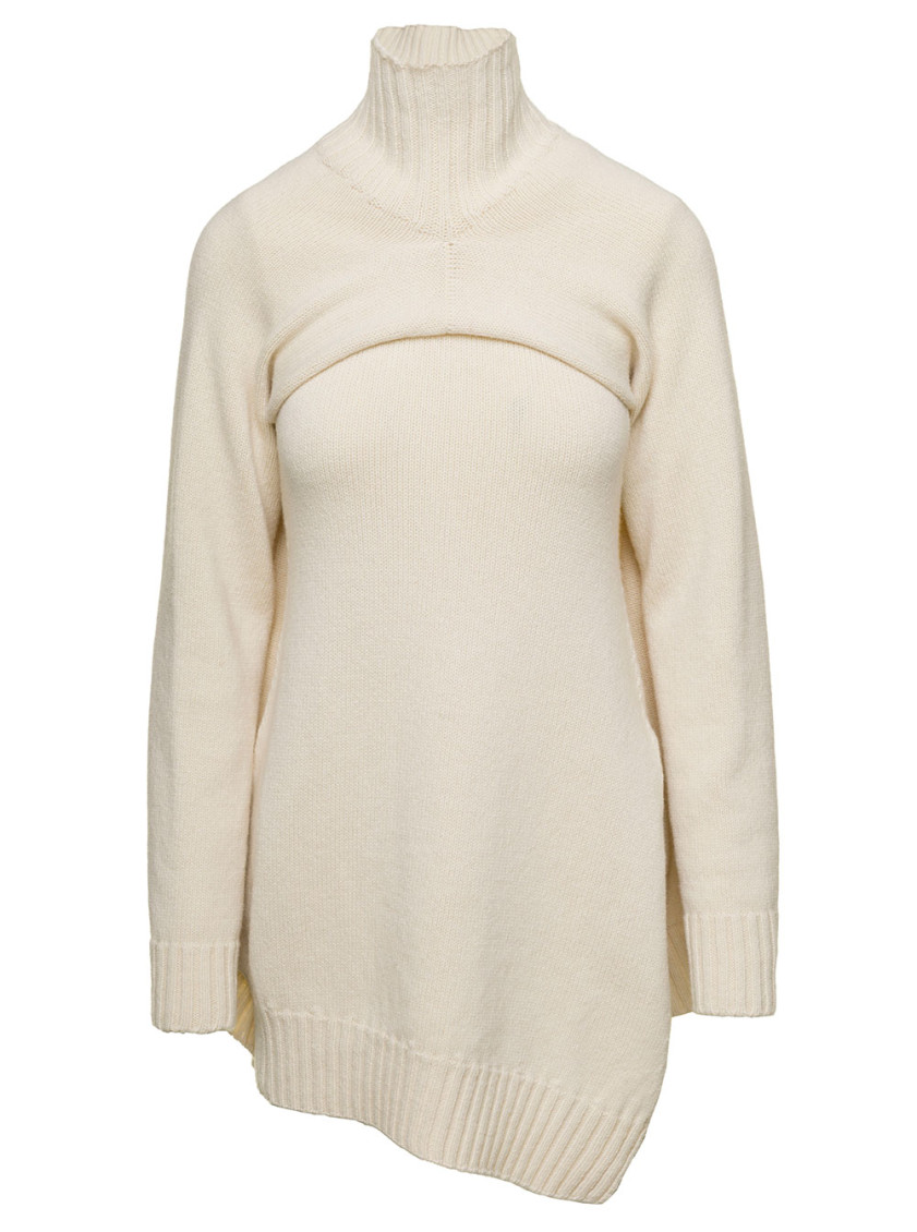 Jil Sander Cream White Two-piece Sweater With High-neck In Wool Woman In Natural