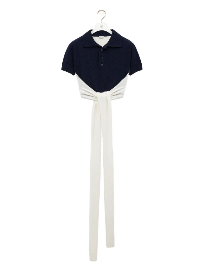 Loewe Colorblock Cropped Backless Wool Cashmere Polo Sweater With Self-tie In Black