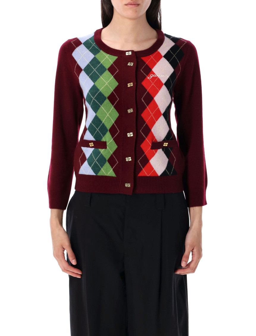 Ganni Womens Tawny Port Rhombus-print Round-neck Wool And Cashmere Cardigan Xl