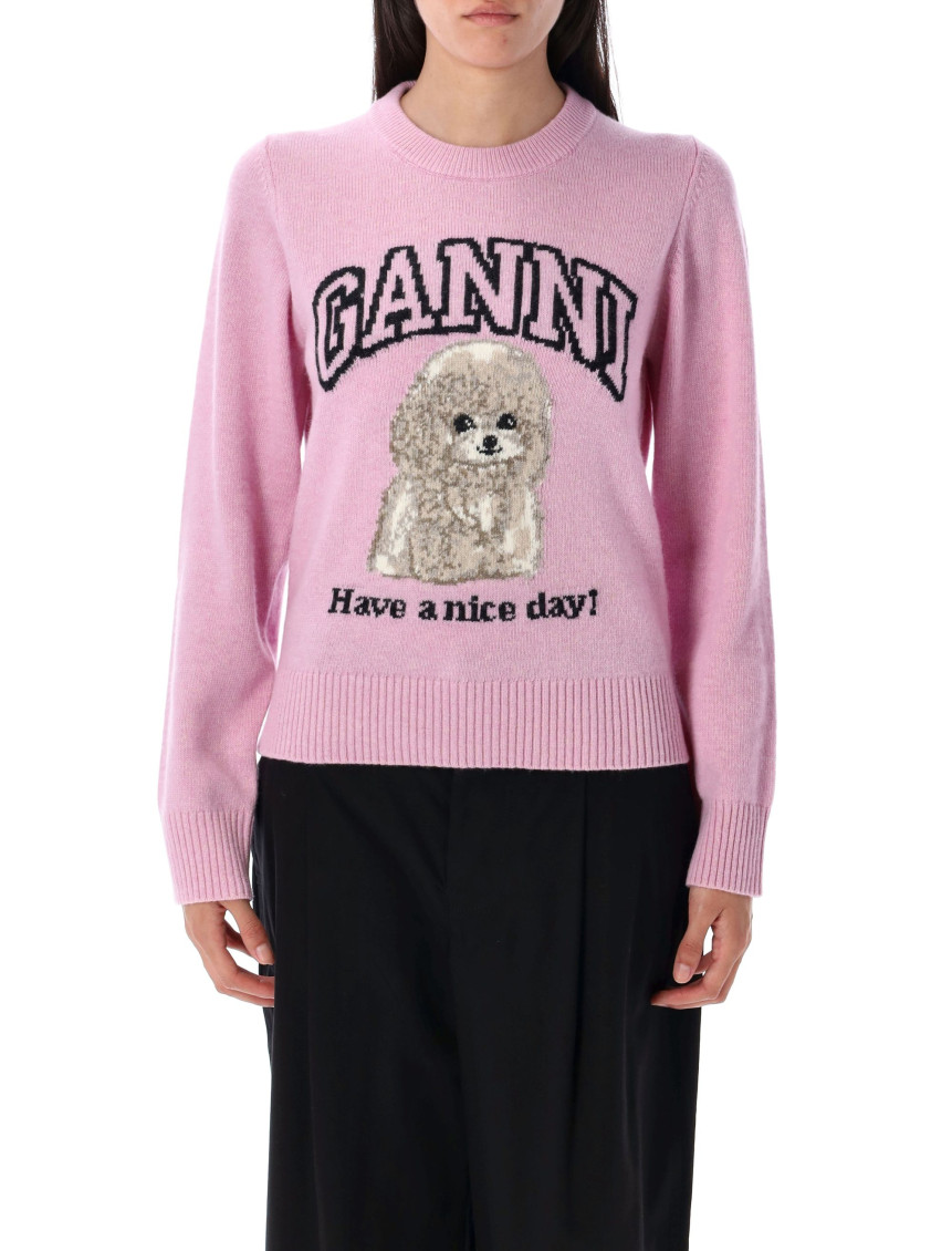 Ganni Womens Chalk Pink Poodle Logo-motif Wool-blend Knit Jumper Xs In Pink