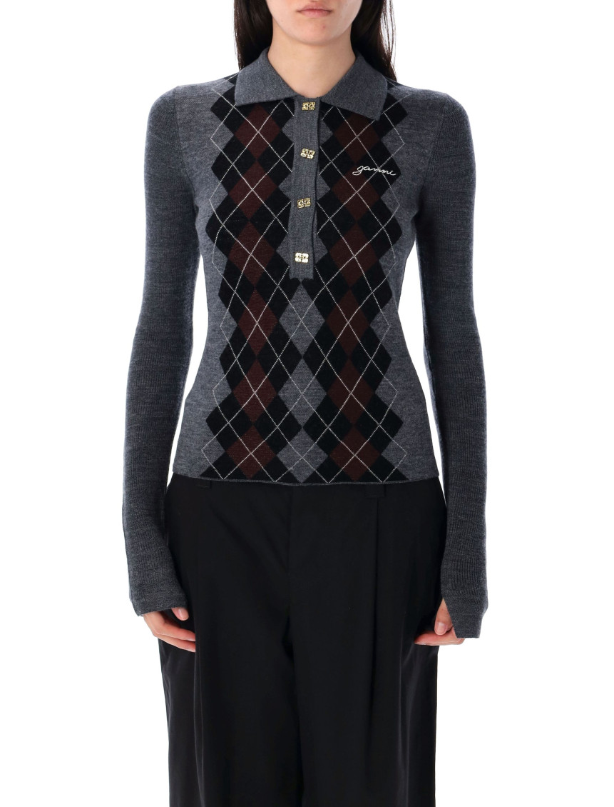 Ganni Slim-fit Knitted Polo Shirt With Check Pattern In Blue