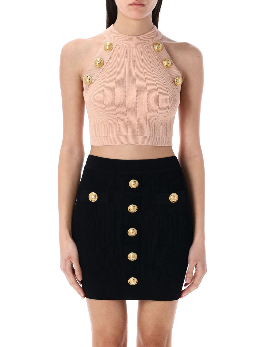 Balmain Ribbed Halter Neck Top With Gold Buttons In Pink