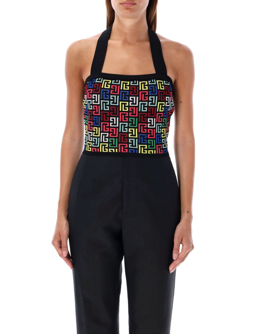 Balmain Halterneck Top In Pop Monogram Knit In Black