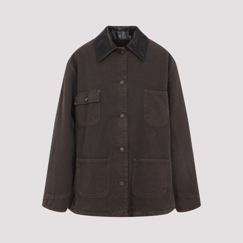 Prada Canvas Cotton Jacket Leather Collar In Brown
