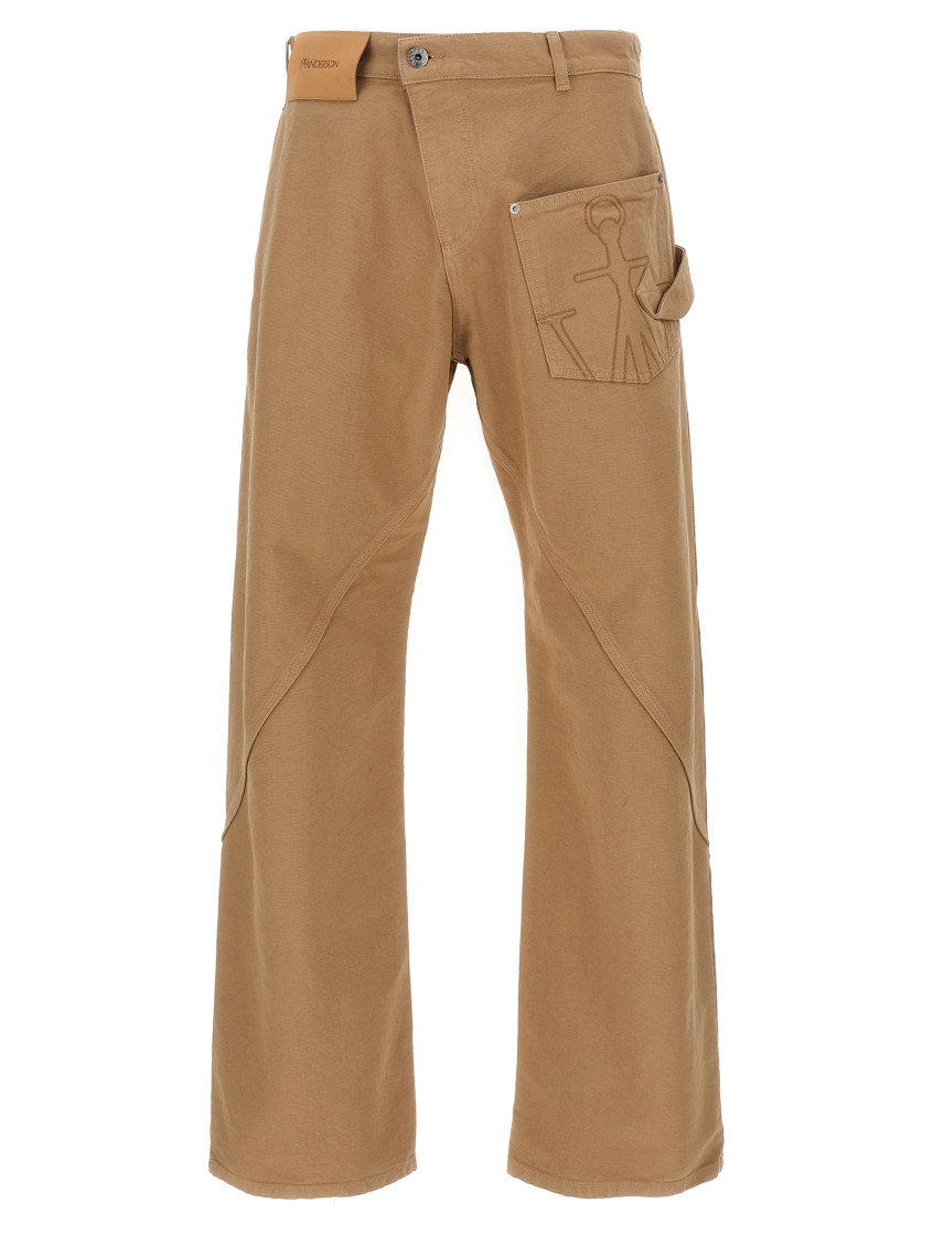 Jw Anderson Mens Twisted Workwear Panelled Wide-leg Cotton Trousers Flax In Brown