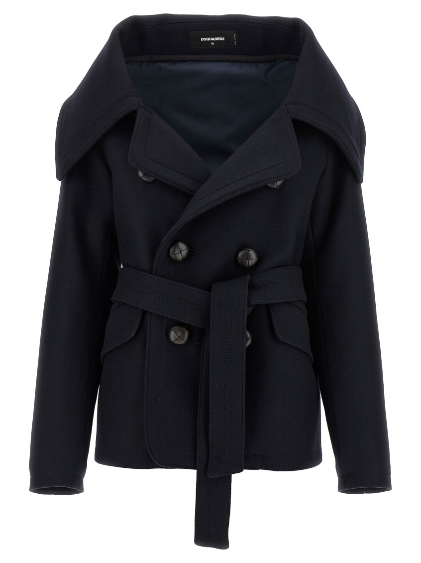 Dsquared2 'belted Waist Double-breasted Coat With Wide Collar' In Blue