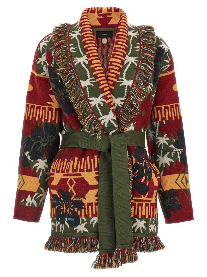 Alanui 'hibiscus Bloom' Long Belted Cardigan With Fringed Trim In Multi