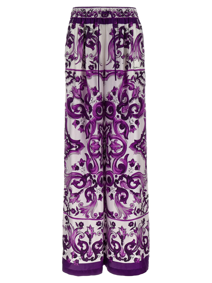 Dolce & Gabbana Majolica Print High Rise Wide Leg Pants In Purple