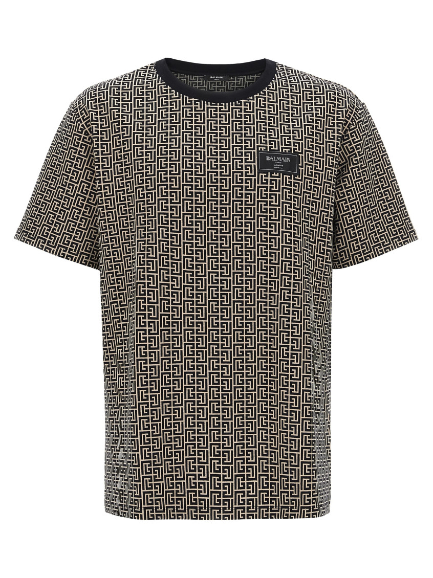 Balmain Grey T-shirt With Logo Applied On The Chest And All-over Labyrinth Motif In Cotton Man In Black