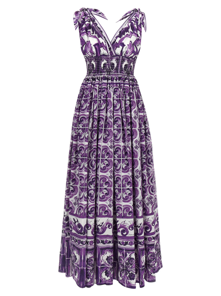 Dolce & Gabbana Smocked V-neck Maxi Dress With Tie Straps In Purple