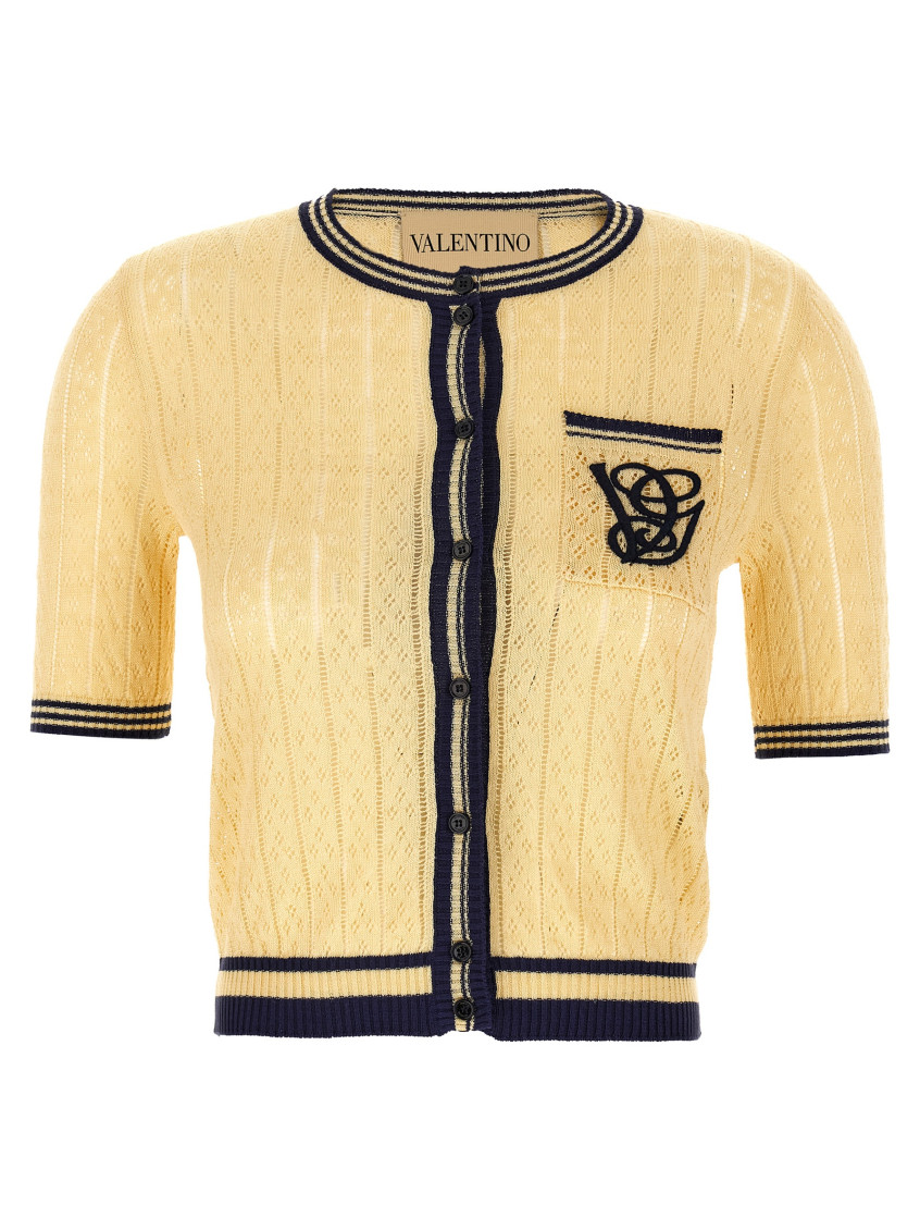Valentino Embroidered Striped Pointelle-knit Linen-blend Cardigan In Multi