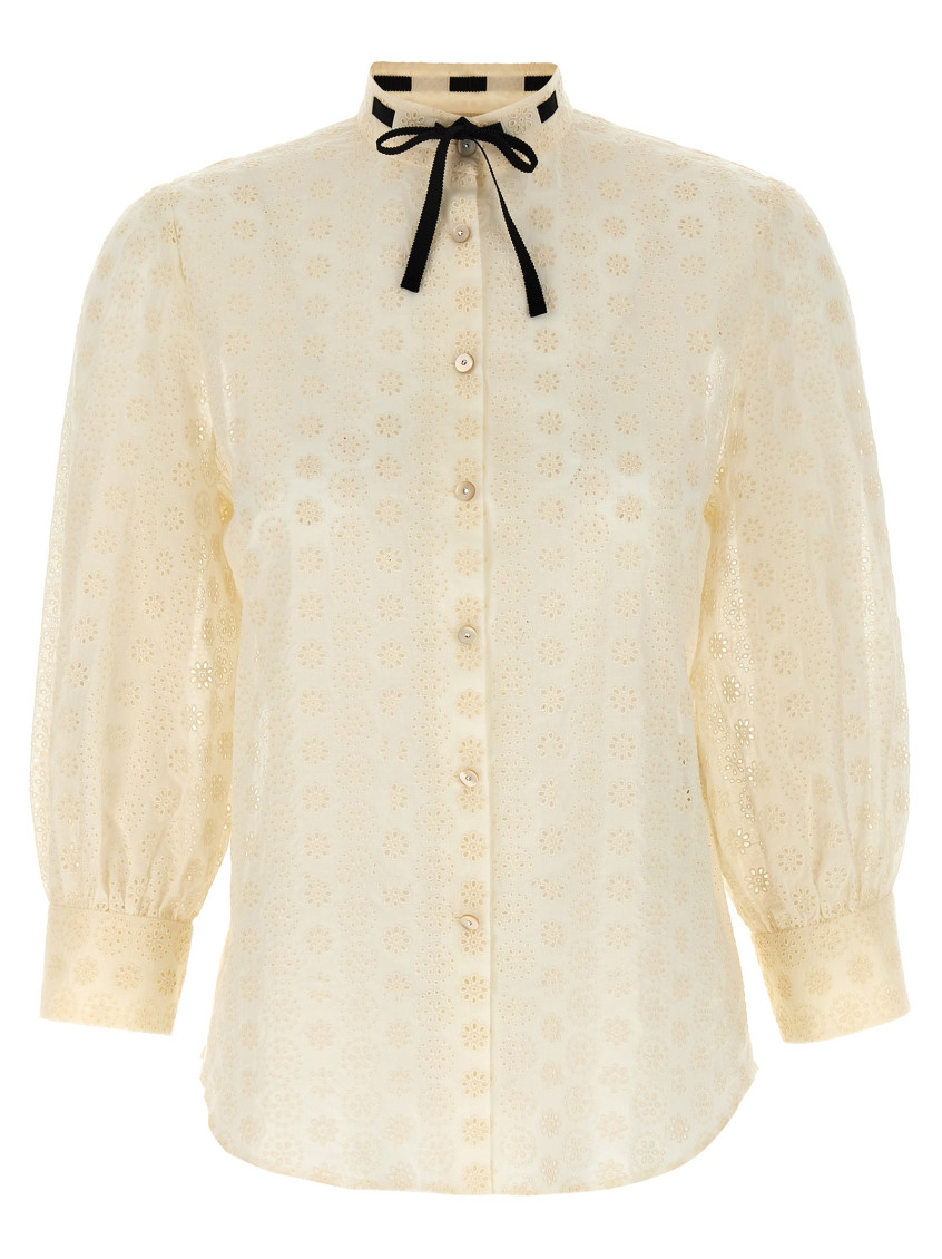 Valentino Embroidered Bow Stand Collar Long Sleeve Top In Neutral