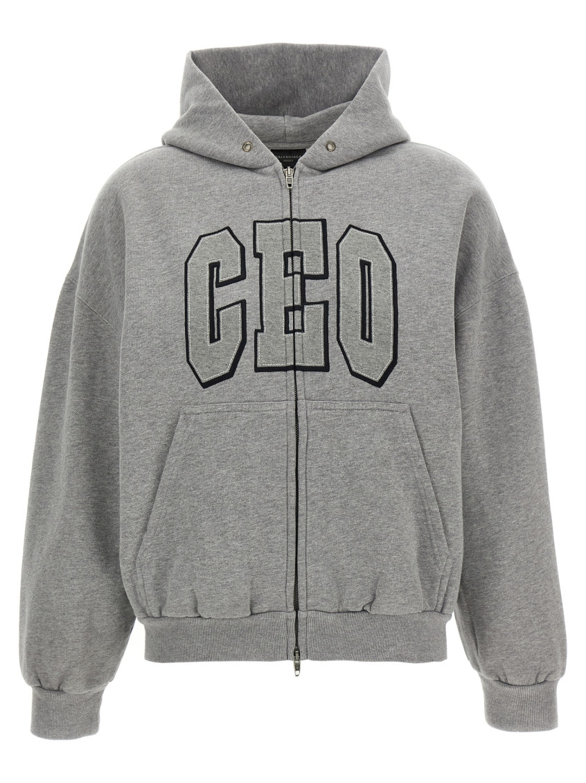 Balenciaga Zip Front Hoodie With Contrast Logo And Ribbed Details In Gray