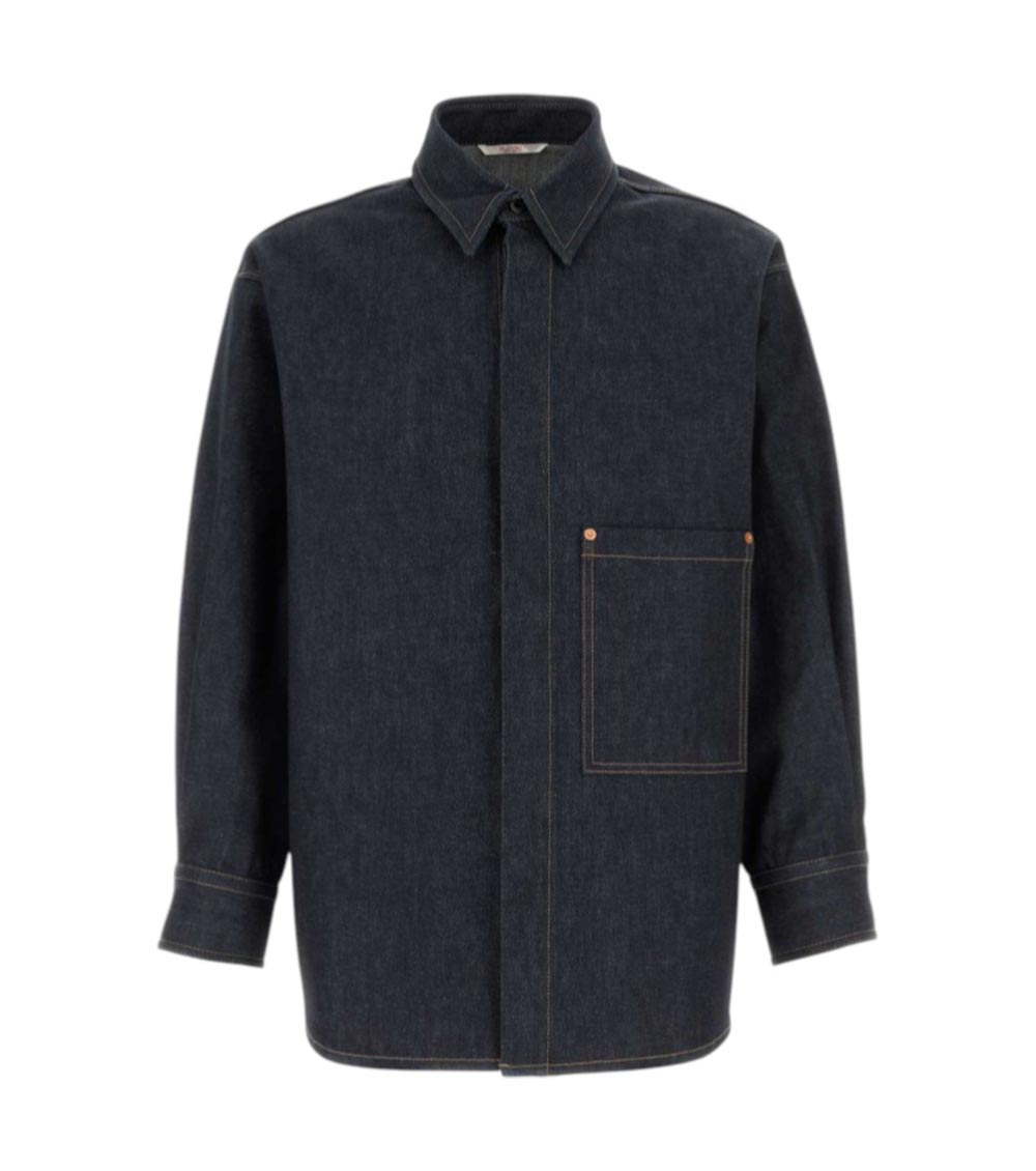 Valentino Denim Overshirt With Hidden Buttoning And Leather Logo Patch In Dark Blue