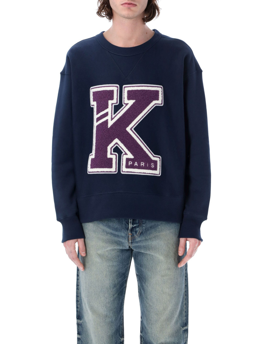 Kenzo College Print Cotton Molleton Sweatshirt In Navy Blue