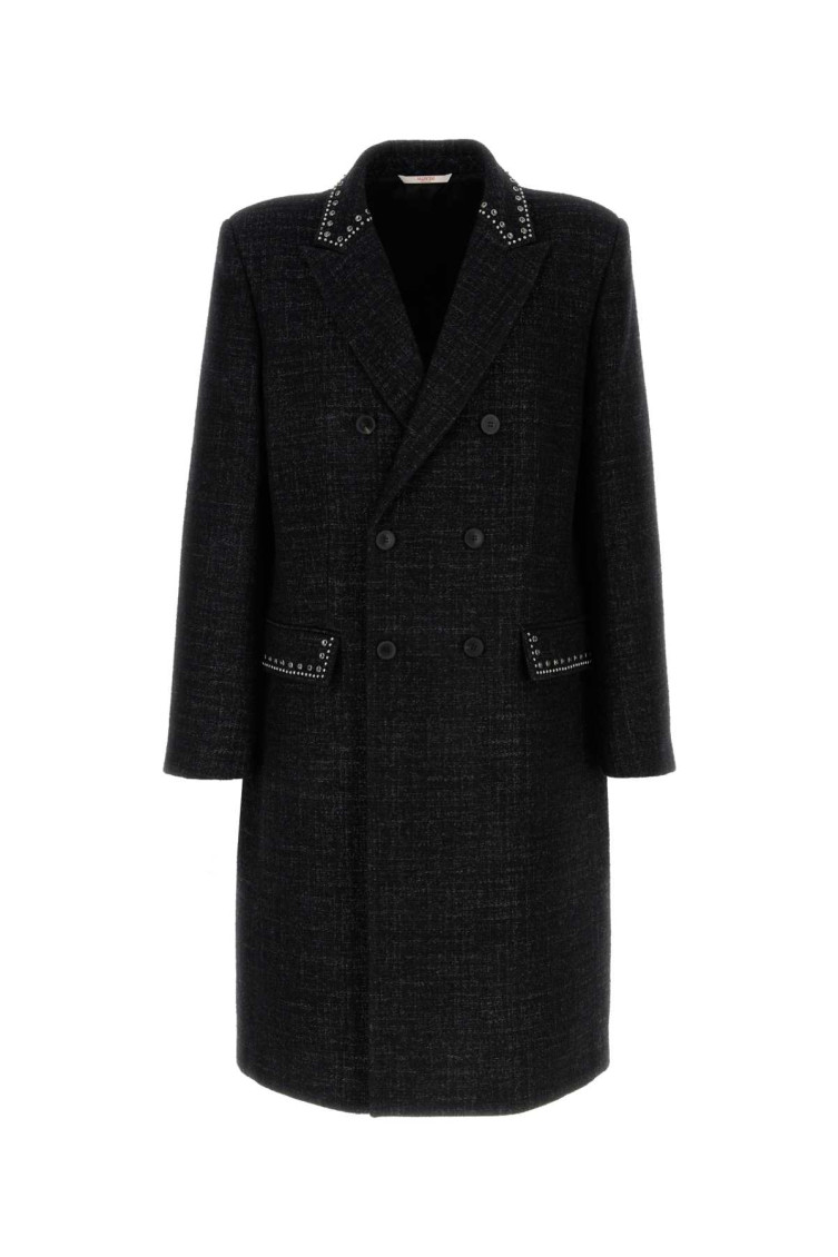 Valentino Double-breasted Wool Coat With Cabochons In Black
