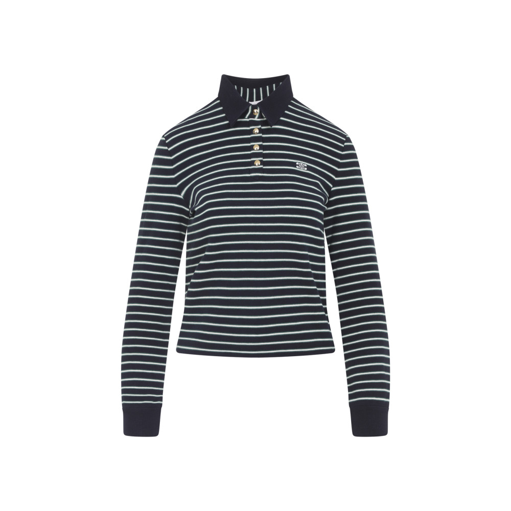 Celine Blue And Green Triomphe Ls Cotton Polo In Black