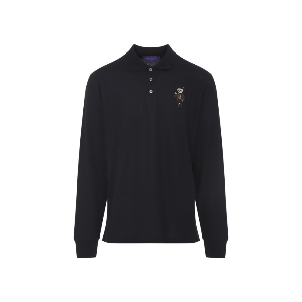Ralph Lauren Long Sleeve Bear Cardigan With Ribbed Cuffs In Black