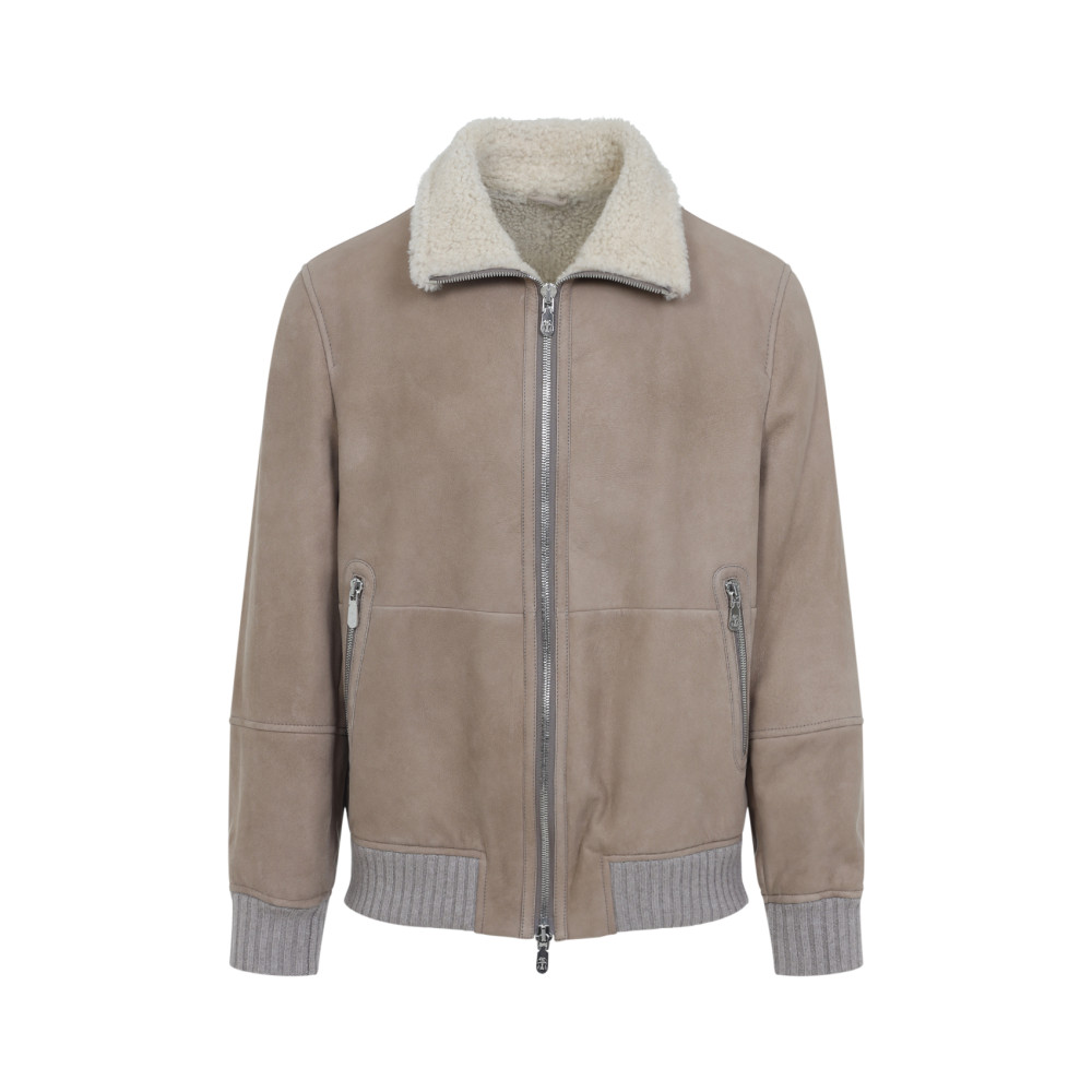 Brunello Cucinelli Shearling-collared Taupe Jacket In Gray