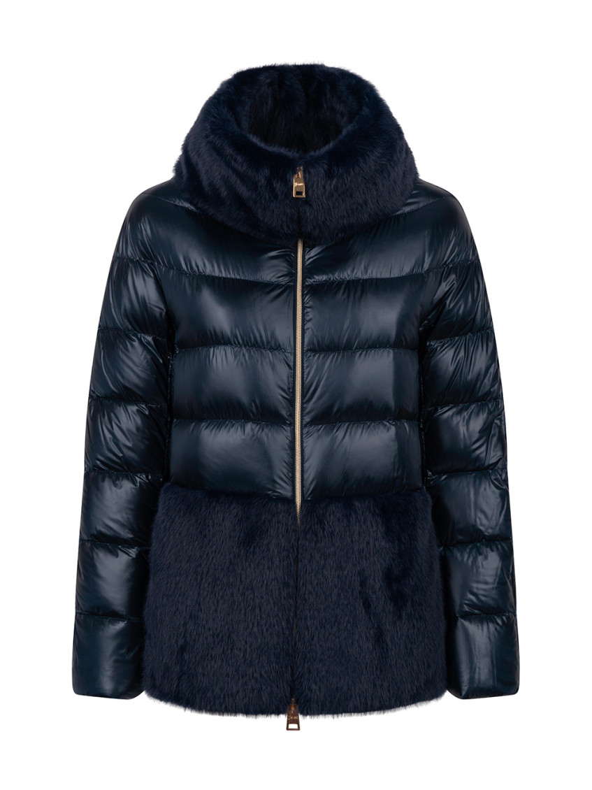Herno Blue Ultralight Nylon And Lady Alternative Fur Cape In Blue