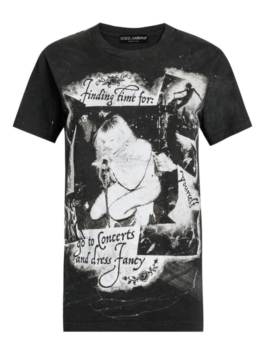 Dolce & Gabbana Graphic Print Cotton T-shirt With Ribbed Neck In Black