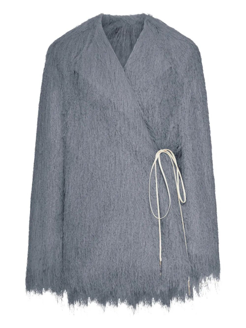 Dries Van Noten Short Coat With Fringed Hem And Tie In Gray