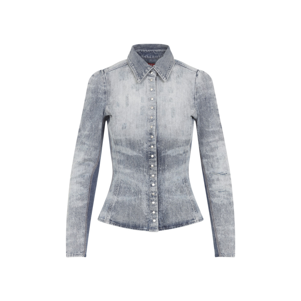 Diesel Shirt In Distressed Honeycomb Denim In Blue