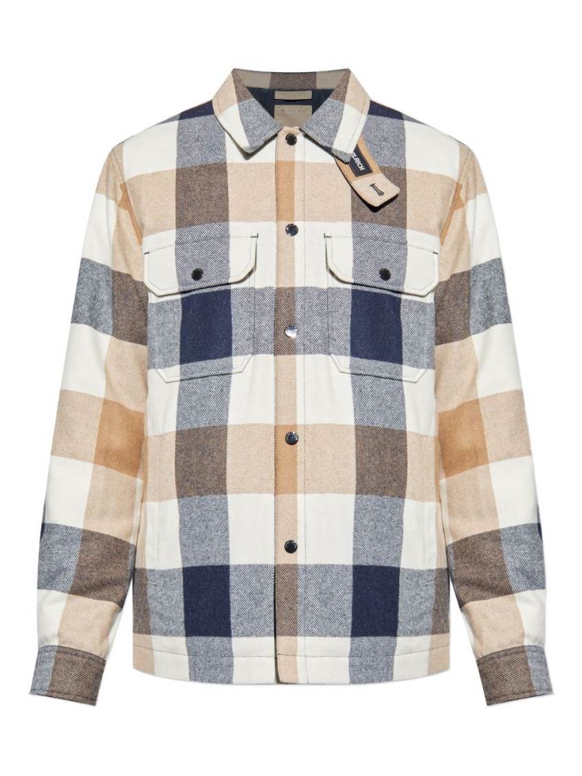 Woolrich Checked Wool Blend Shirt Jacket With Chest Pockets In Neutral