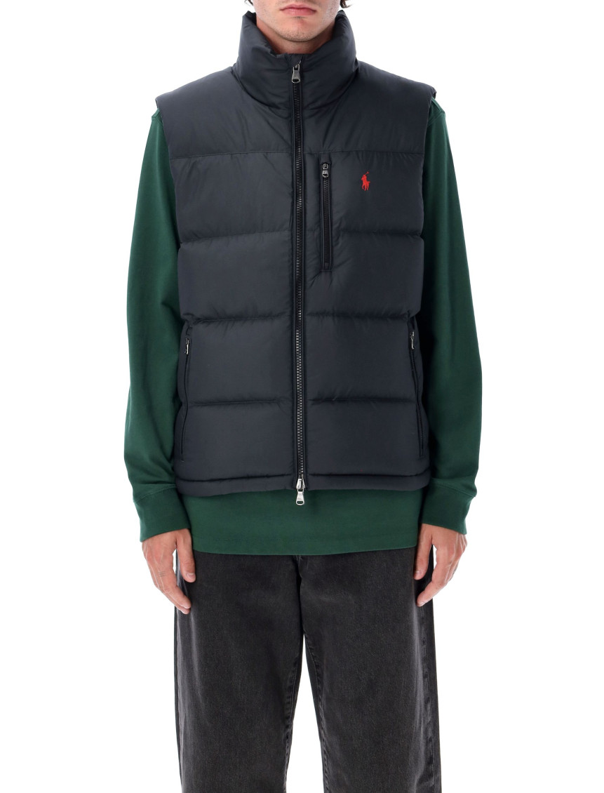 Ralph Lauren Puffer Gilet High Collar Quilted Zip Pockets In Black