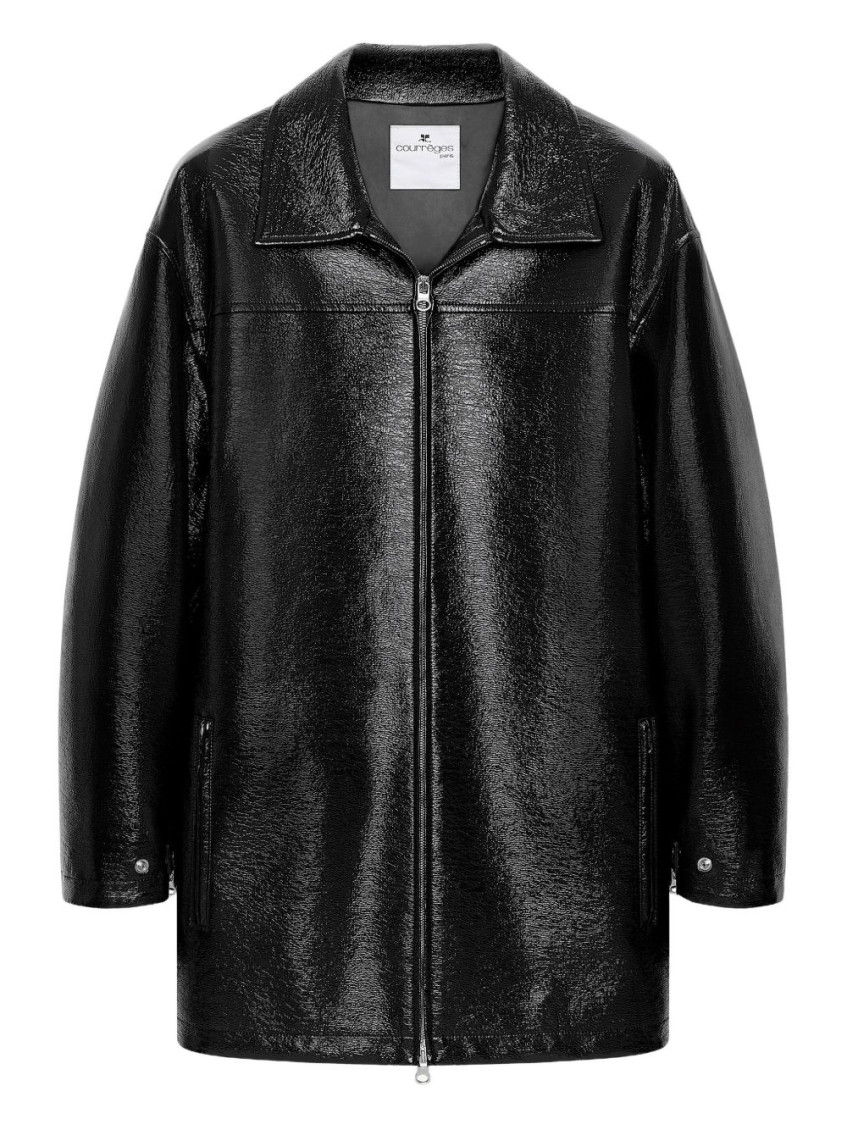 Courrèges Long Vinyl Bomber Jacket With Belted Waist In Black