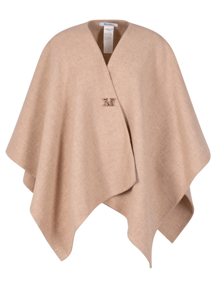 Max Mara Draped Wool Cape Embroidered Brooch In Neutral